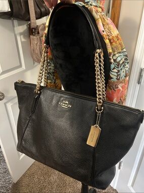 Coach Black Pebbled Leather Shoulder Bag with Gold Chain Handles